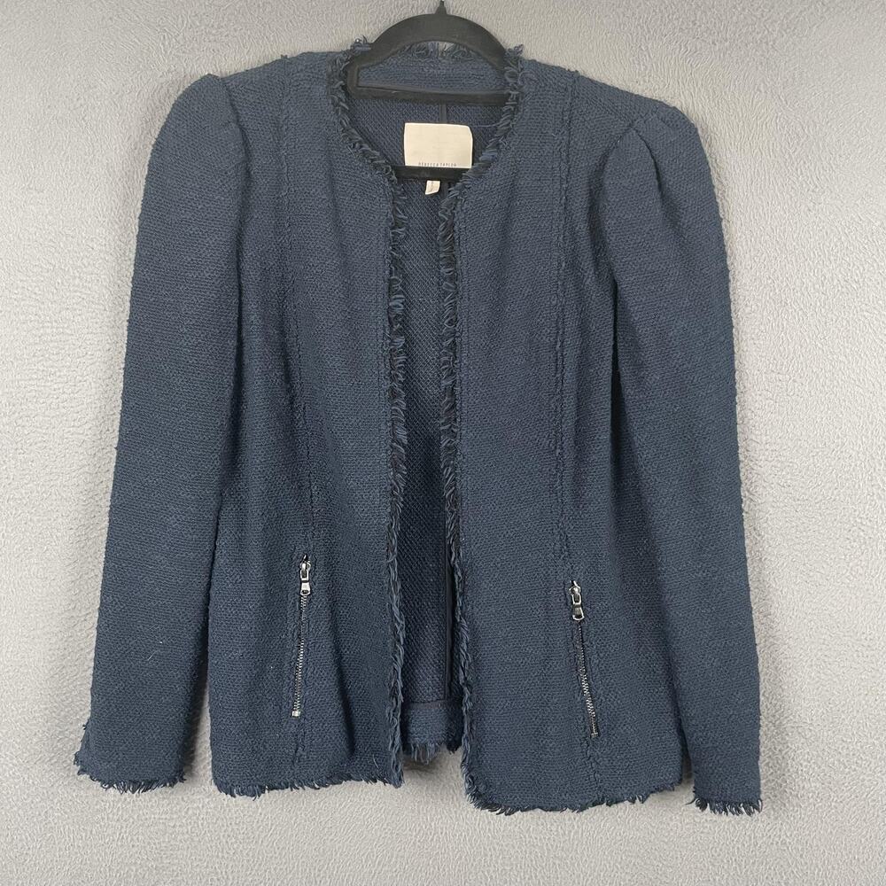 Rebecca Taylor Jacket Womens 4 Blue Tweed Collarless Fringe Lined Pockets